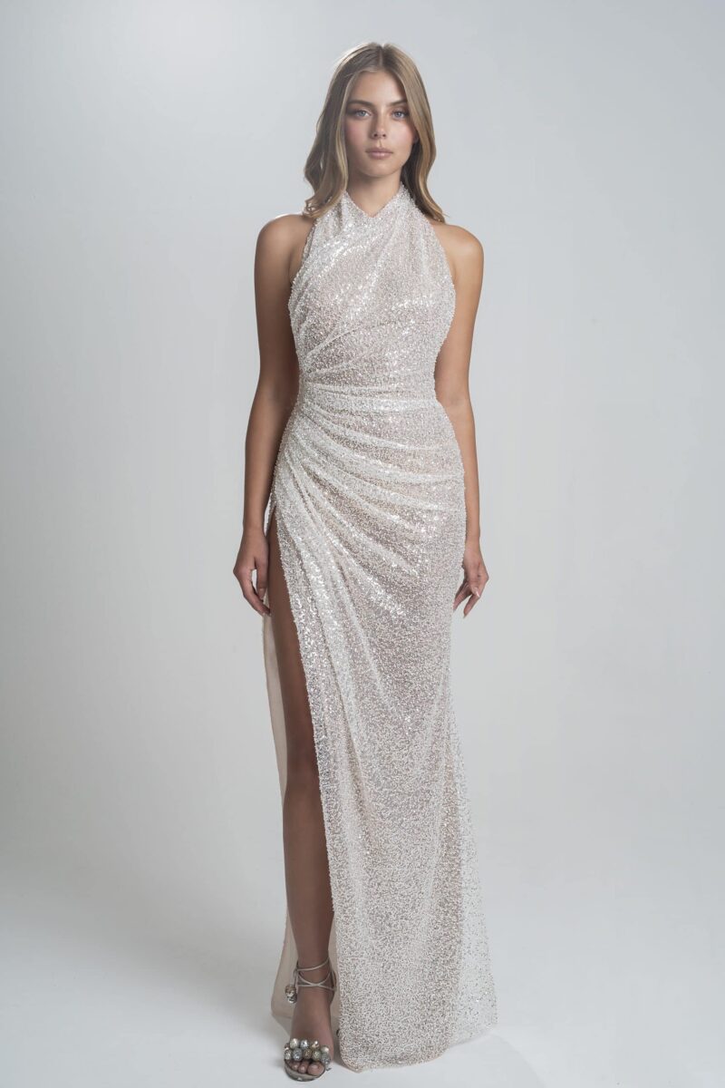 Slit Sequin Draped Dress