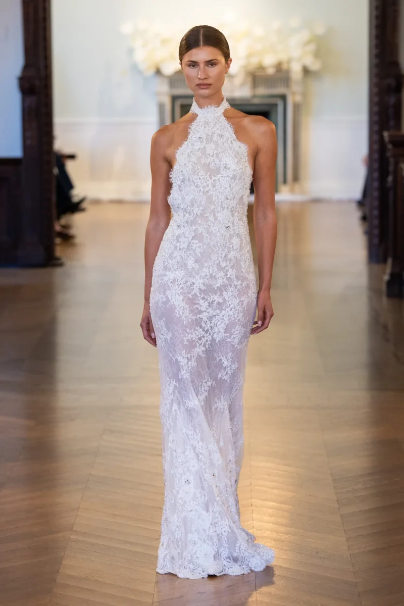 Made-to-order gown by Lee Petra Grebenau — embroidered lace gown with halterneck