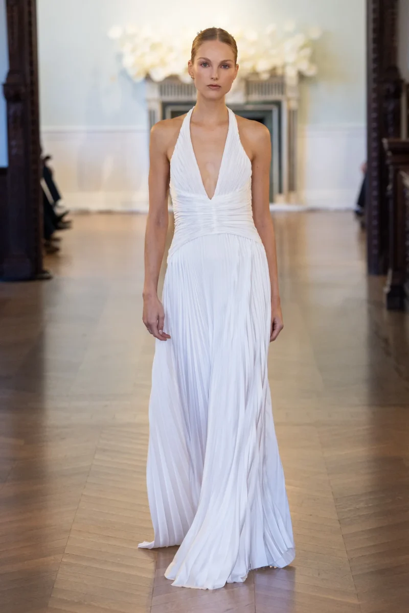 Made-to-order gown by Lee Petra Grebenau — gown with deep V-neck and V-neck