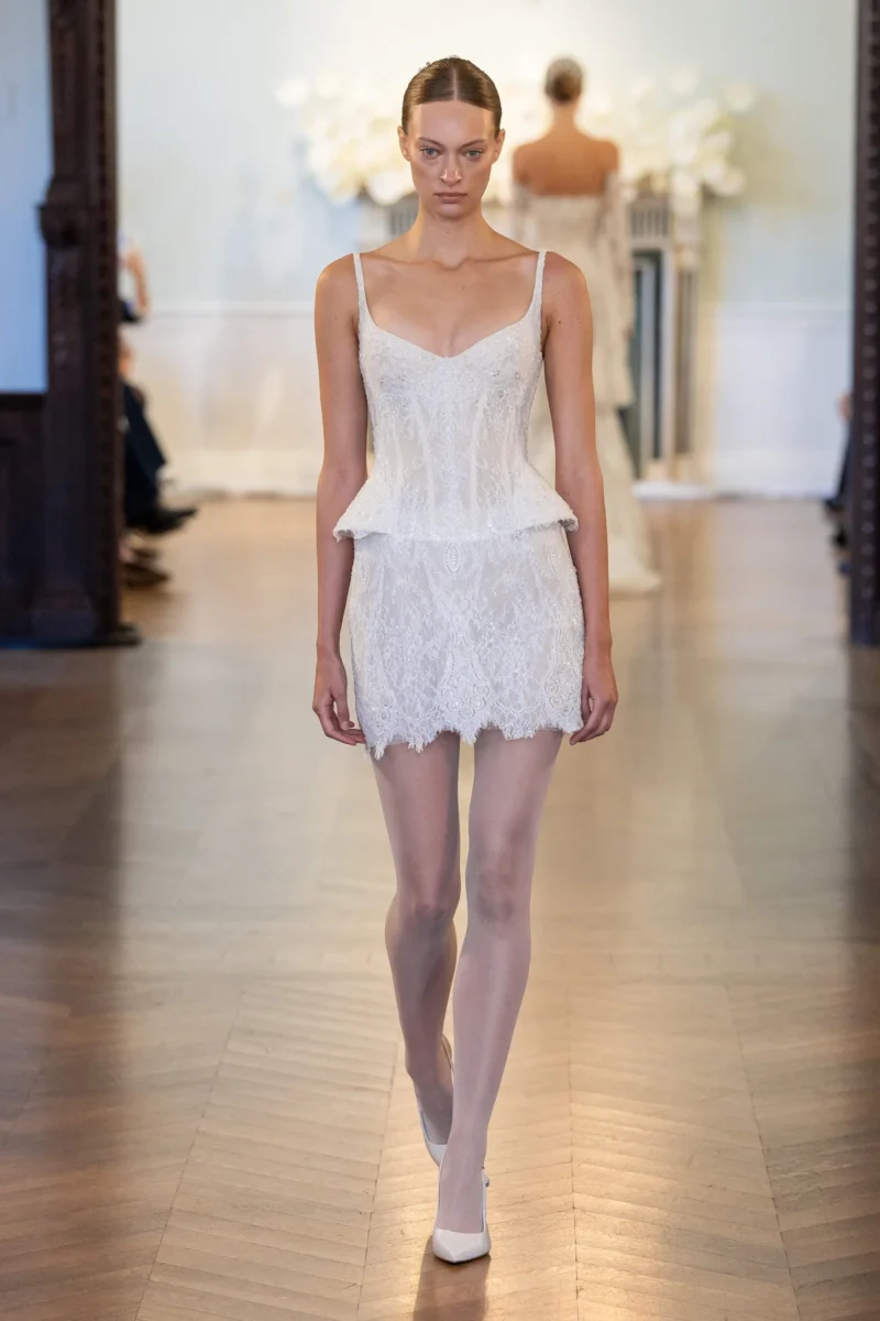 Made-to-order gown by Lee Petra Grebenau — lace mini dress