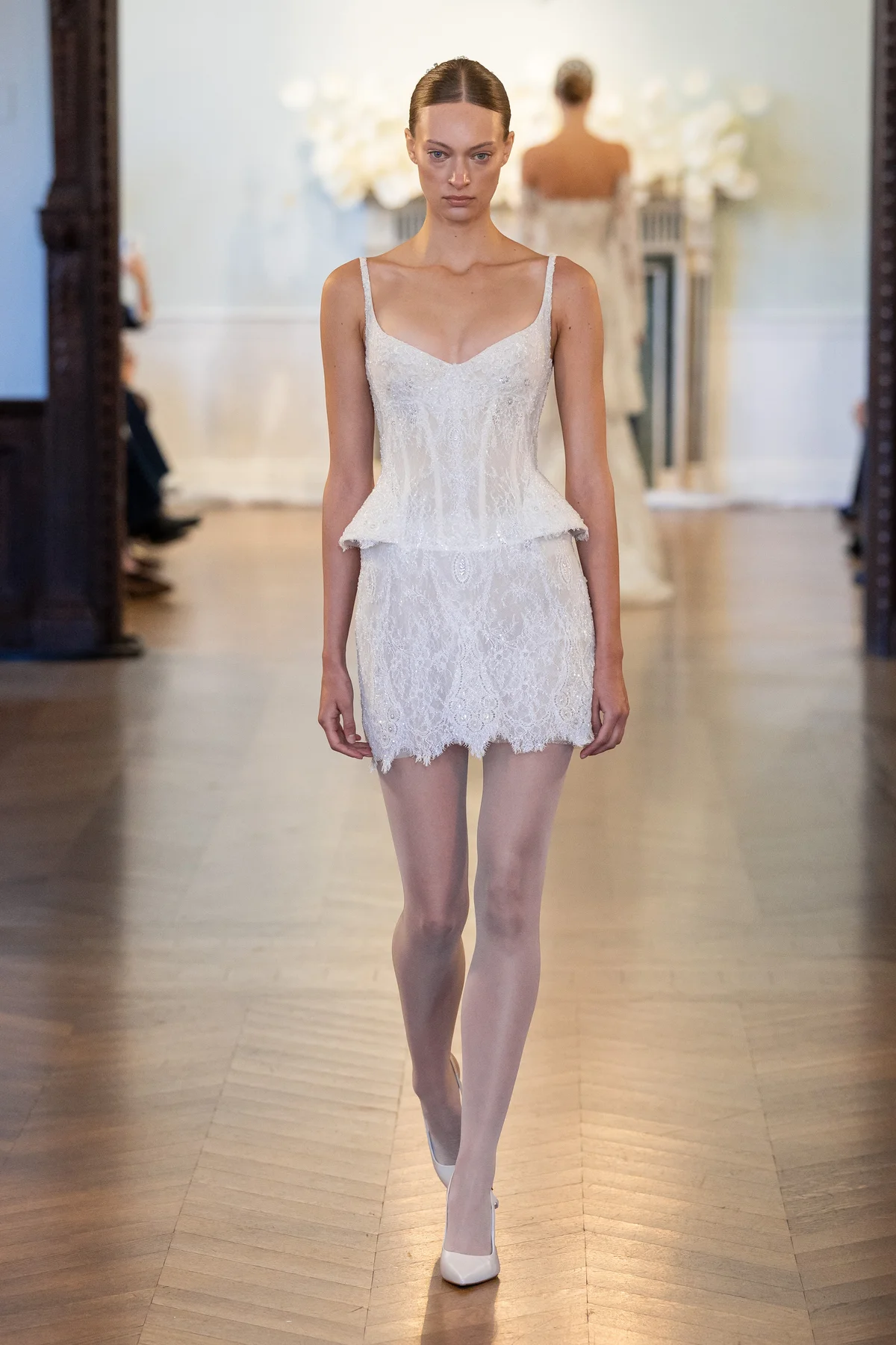 Made-to-order gown by Lee Petra Grebenau — lace mini dress