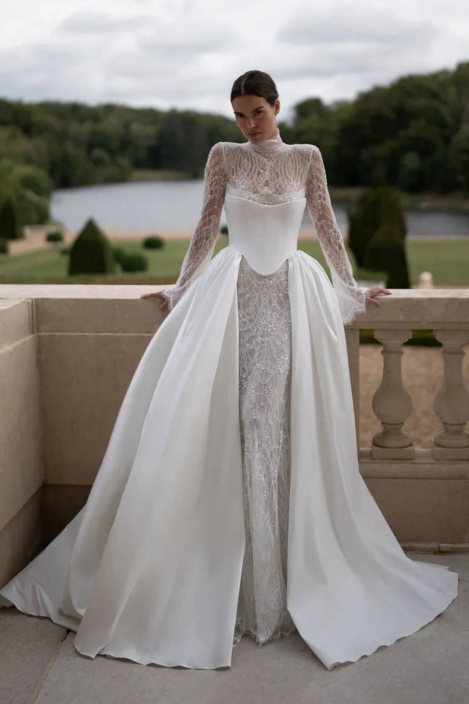 Lee Petra Grebenau Crown gown with corseted overskirt — three-piece convertible bridal design