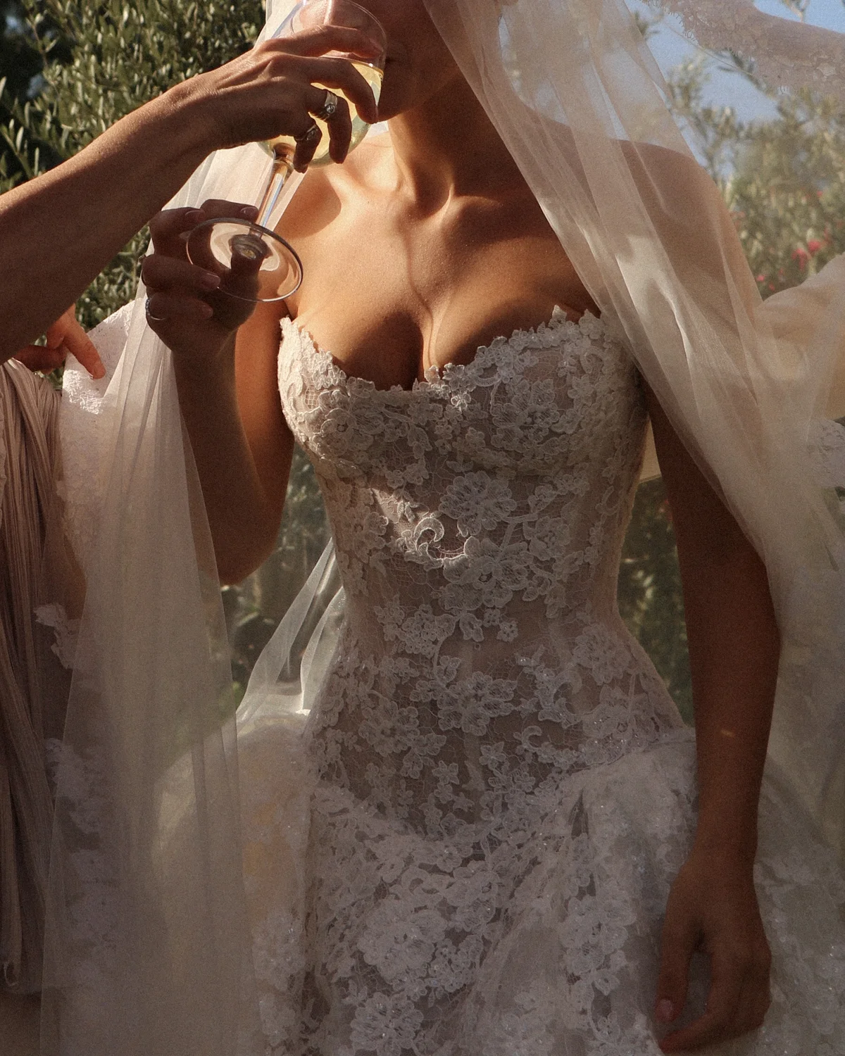 Bodice detail of the Lee Petra Grebenau Talisman gown as the veil is lifted — embroidered lace