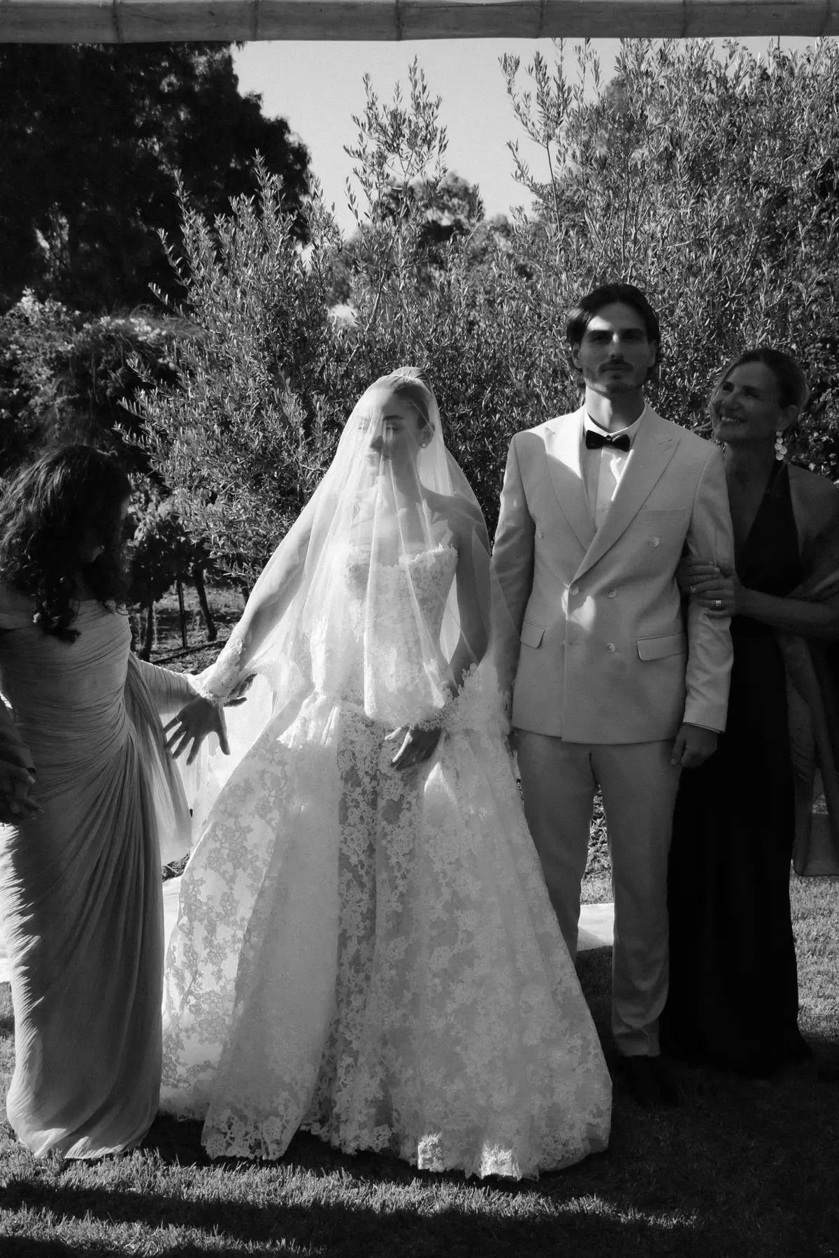 Bride and groom before the ceremony in black and white — Lee Petra Grebenau Talisman gown and veil