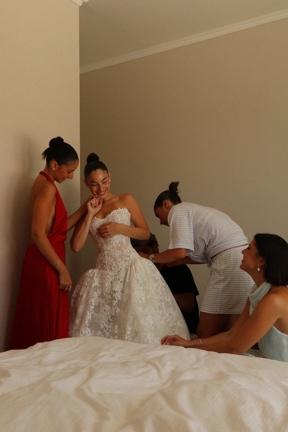 Behind the scenes getting ready — Adi in her Lee Petra Grebenau gown with the team