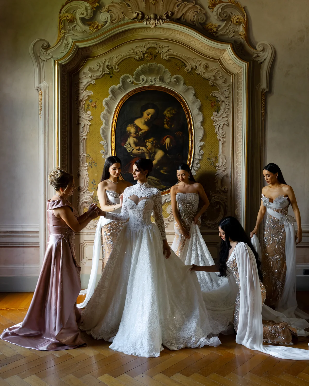 Bride with her bridesmaids getting ready at Villa Erba — Lee Petra Grebenau Versailles gown