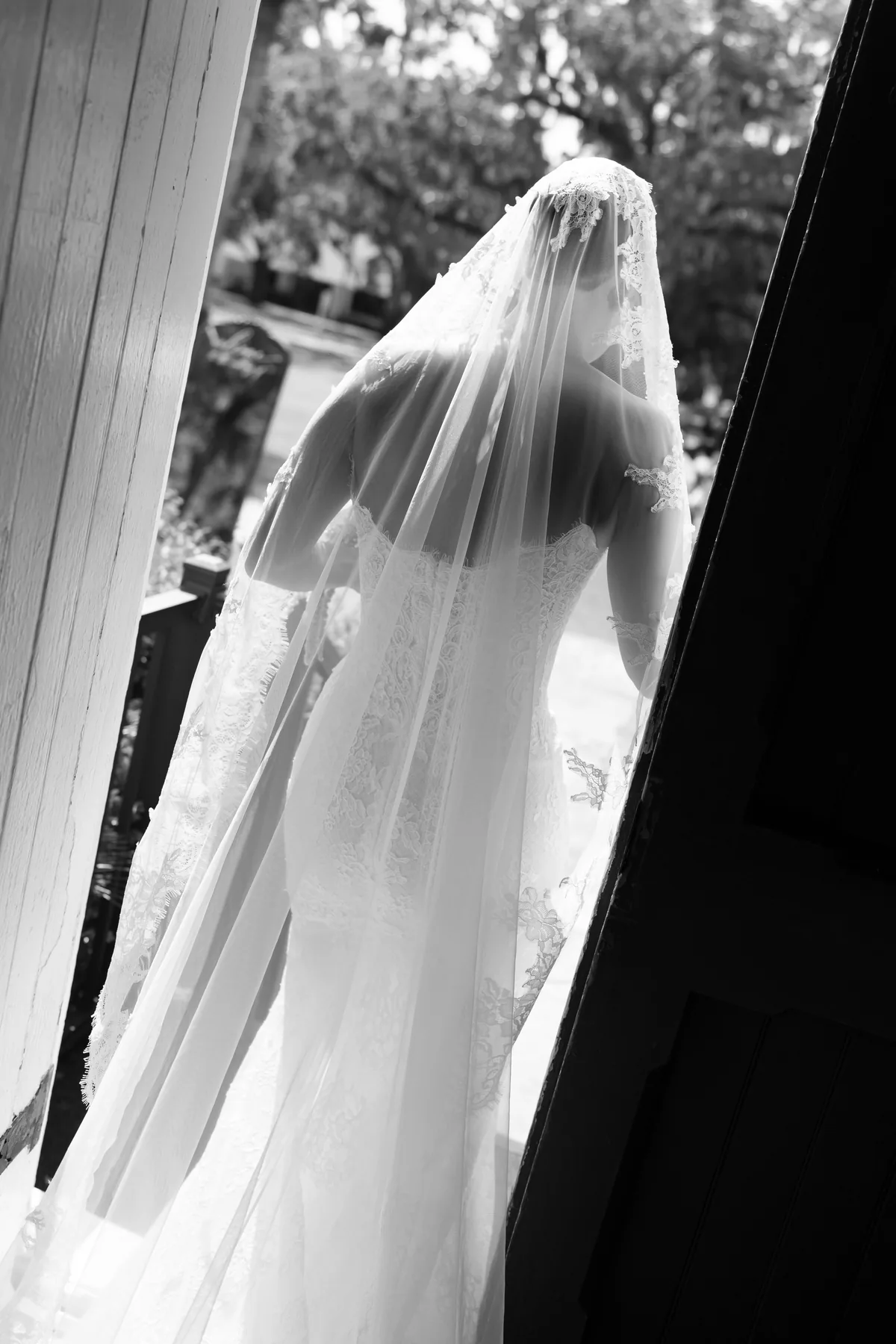 Black and white portrait of Madison from behind, her veil falling over the lace gown